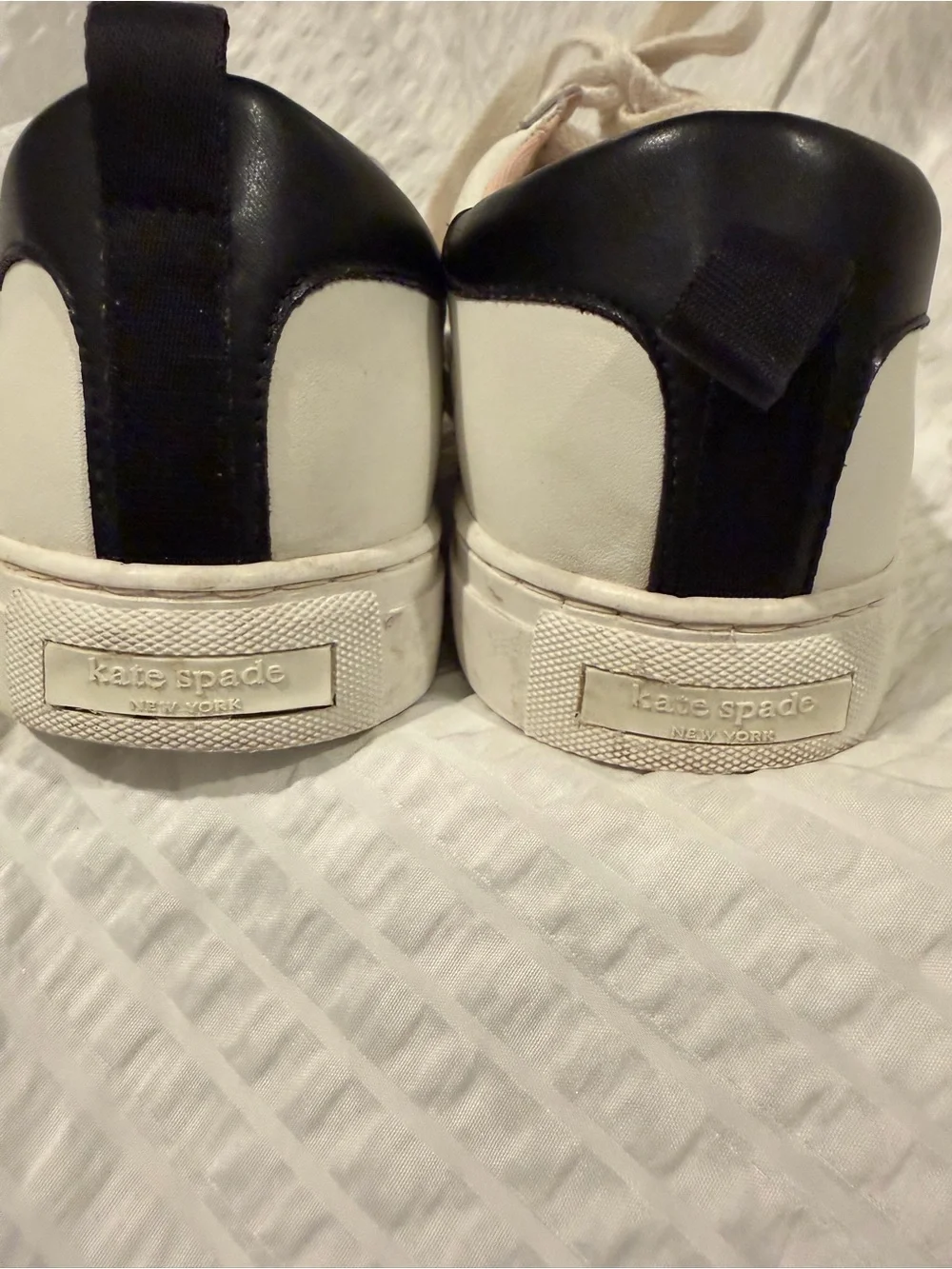 kate spade White Leather Sneakers with Black Stripe and Pink Lining